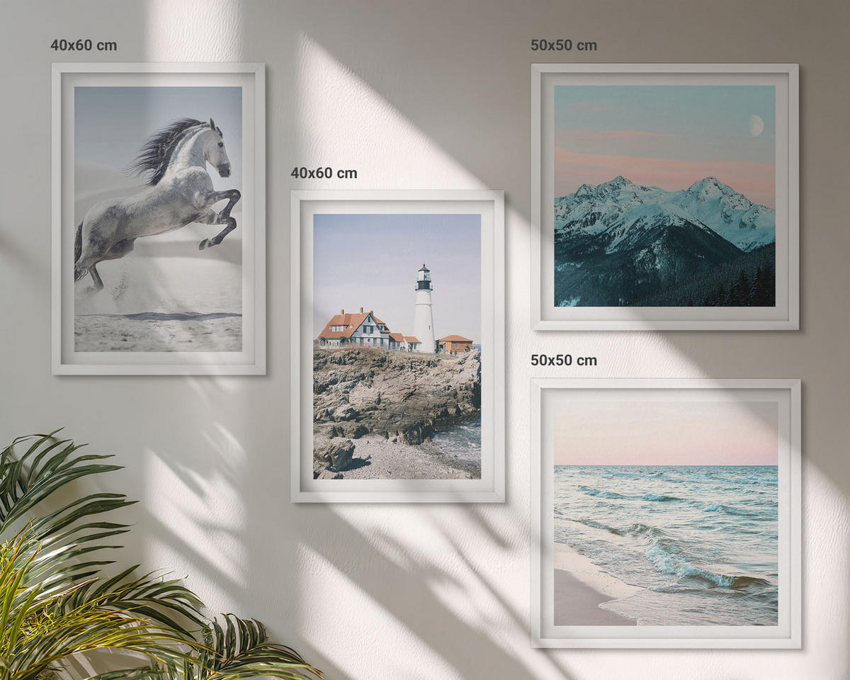 WANDBILDER 4er-Set - 50x50 cm & 40x60 cm Weißer Rahmen - Pferde, Bewegung, Strand, Leuchtturm, Berge - Weiß, Kunststoff (50/50cm) - ArtPrintCave