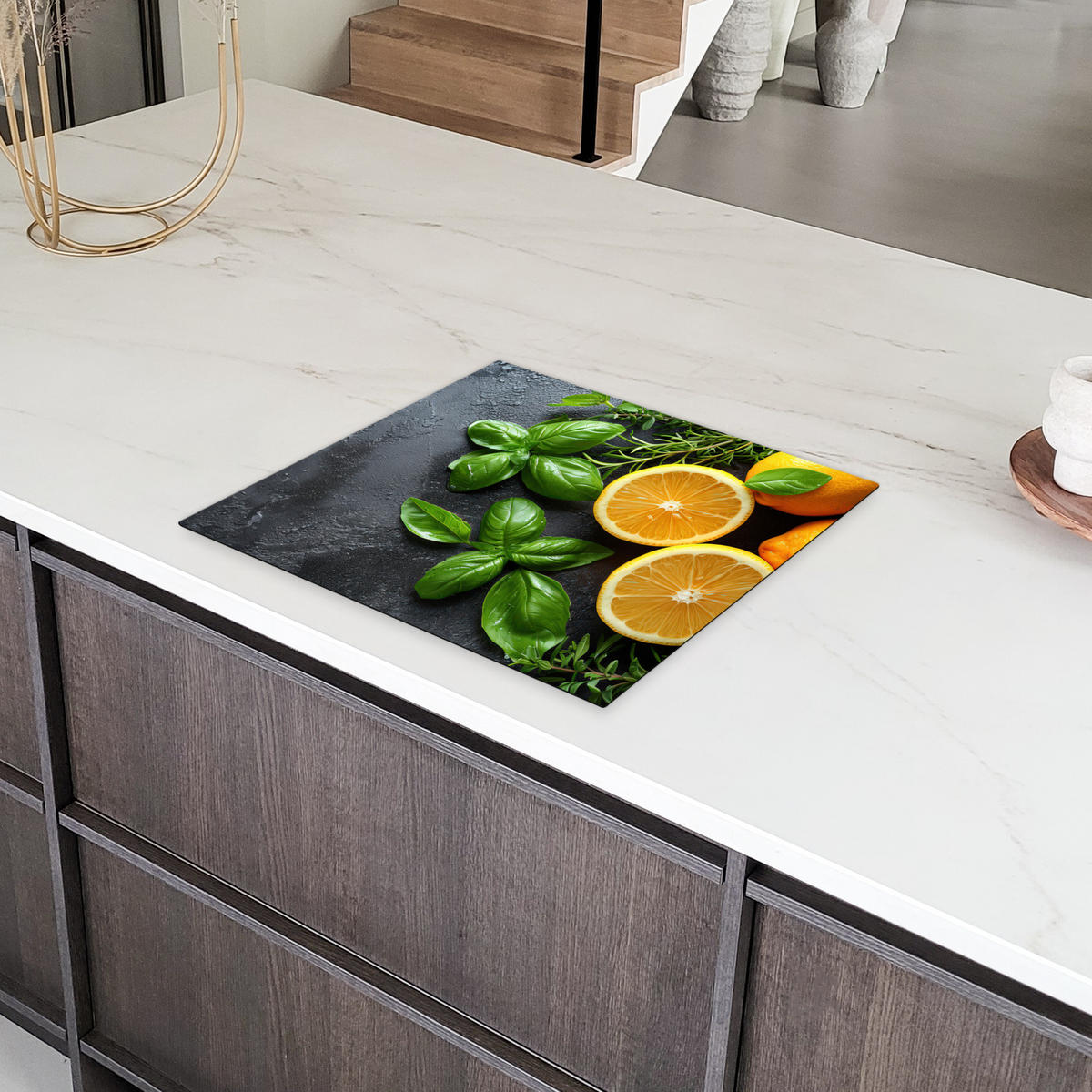 HERDABDECKPLATTE Obst - Grau - Konkret - Orange - Pflanzen Ceranfeldabdeckung 59x52 cm - Anthrazit, Kunststoff (59/52/0.2cm) - MuchoWow