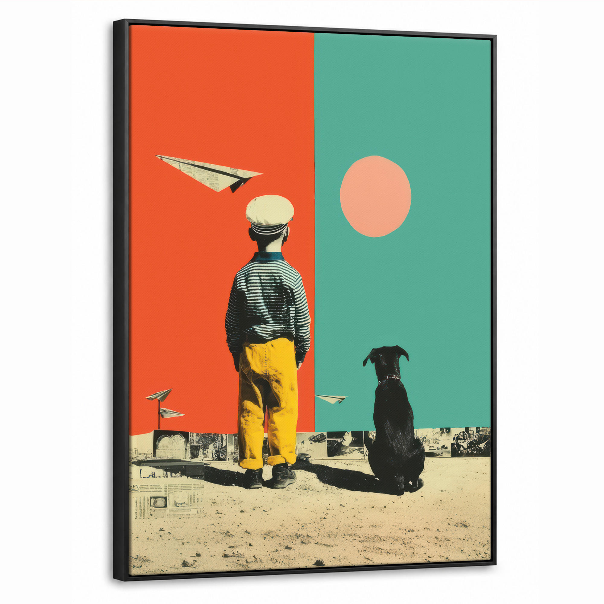 LEINWAND Bilder mit Rahmen - Retro - Junge - Hund - Rot - Grün - 70x100 - Orange, Textil (70/100cm) - MuchoWow