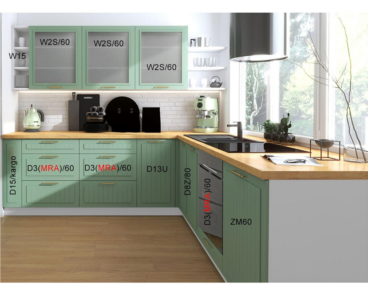 WINKELKÜCHE Livorno blassgrün matt / weiß matt 11-teilig mit Vollauszug (REJS Comfort Box) - Weiß/Grün, Holzwerkstoff/Metall (240/207/266cm) - Feldmann-Wohnen