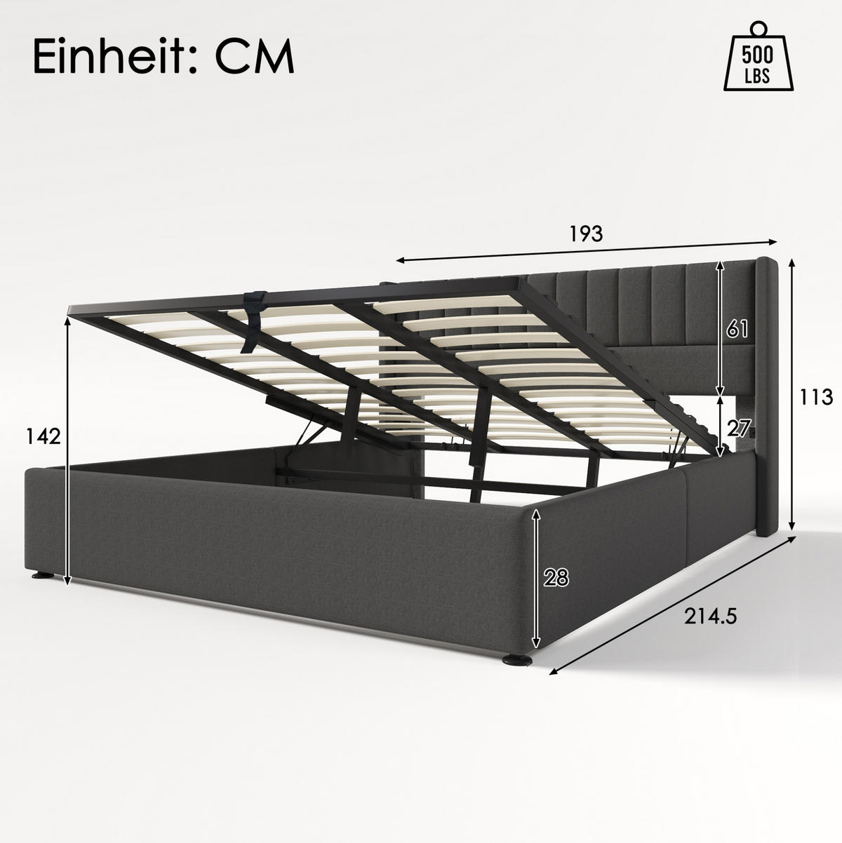POLSTERBETT aus Leinen 180x200 cm in Grau mit hydraulischem Stauraum - Grau, Textil (180/200cm) - Modfu