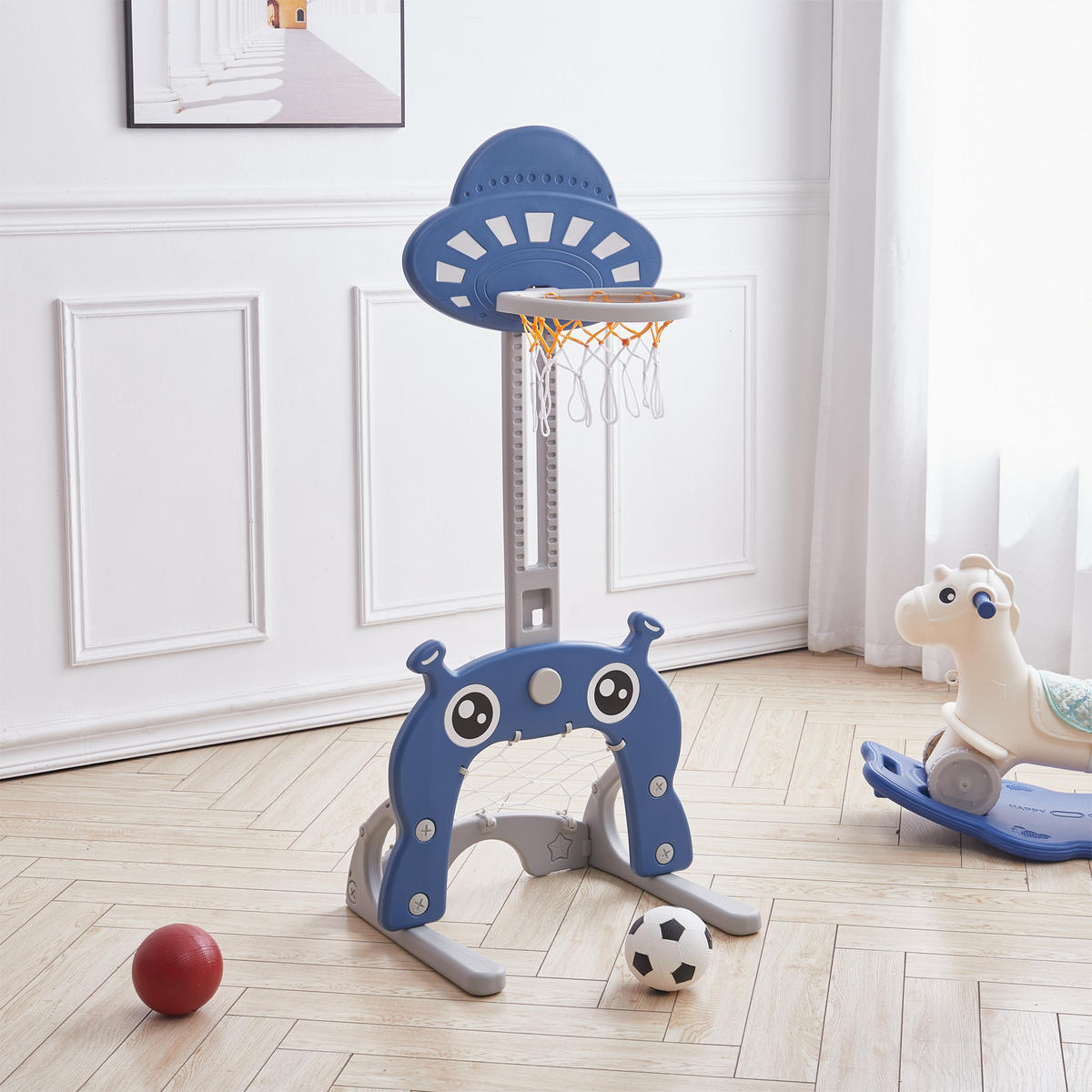 SPIELPLATZ 2 in 1 Basketballständer Fußballtor Höhenverstellbar Kunststoff - Blau/Weiß, Kunststoff (56/83/46cm) - Livingandhome