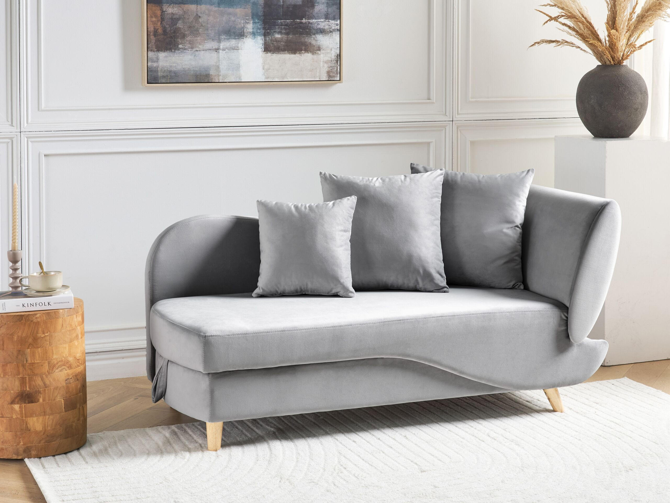 CHAISELONGUE Samtstoff hellgrau mit Bettkasten rechtsseitig Meri - Hellgrau/Grau, Textil (156/73/69cm) - Beliani