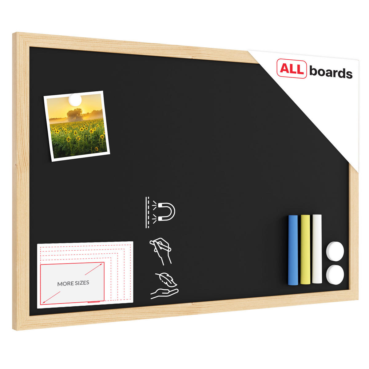 KREIDETAFEL Schwarze magnetische mit Naturholzrahmen 60x40cm - Schwarz, Metall (60/40/1.5cm) - ALLboards