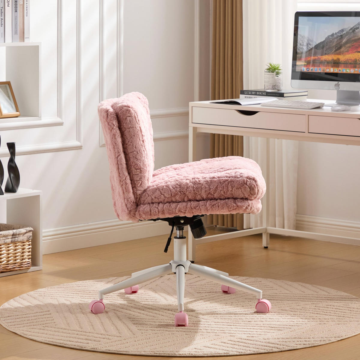 DREHSTUHL Kunstfell Bürostuhl breite Sitzfläche höhenverstellbar Grau - Pink, Fell (67/94/63cm)