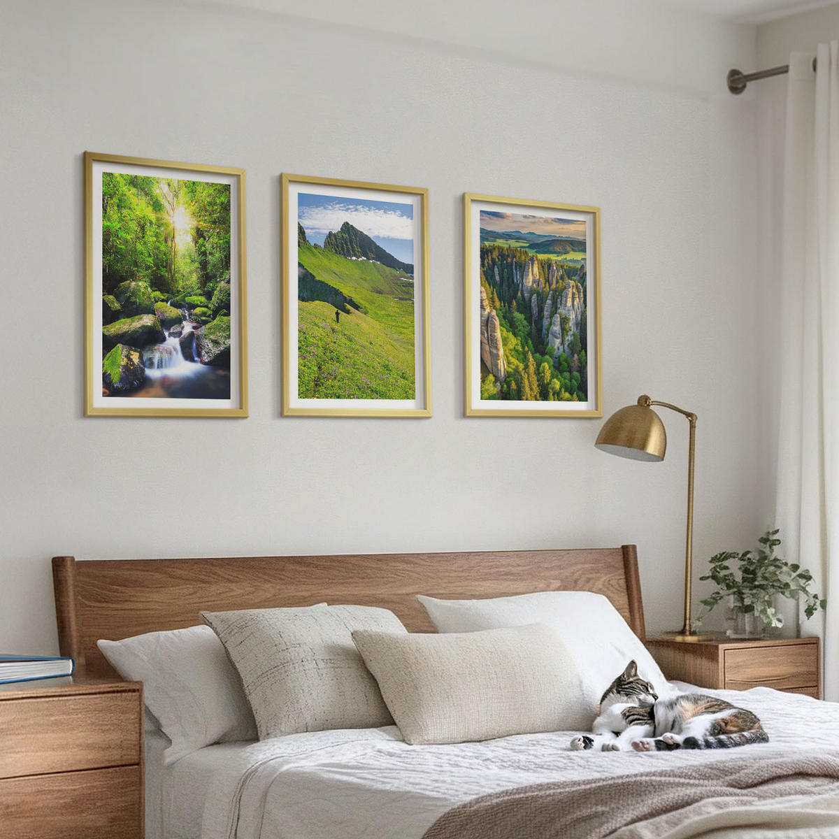 BILDER SET 3er Set - 40x60 cm Goldrahmen - Grüne Berge Wasserfallwald - Goldfarben, Kunststoff (40/60cm) - TULUP