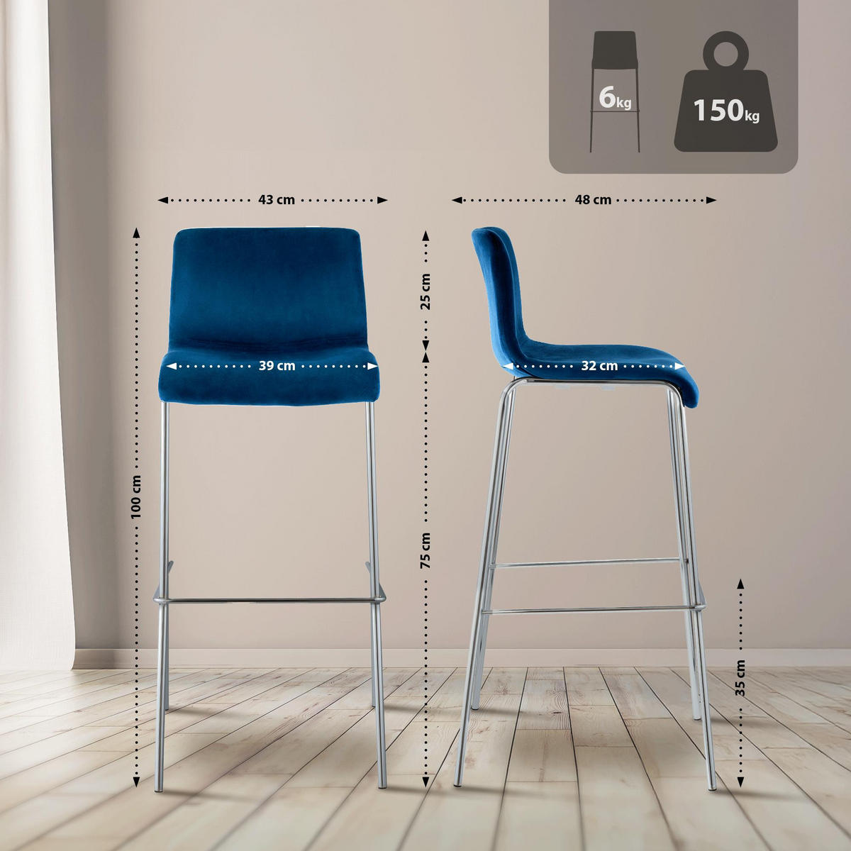 BARHOCKER Samt Blau - Chromfarben/Blau, Textil/Metall (43/100/48cm) - CLP