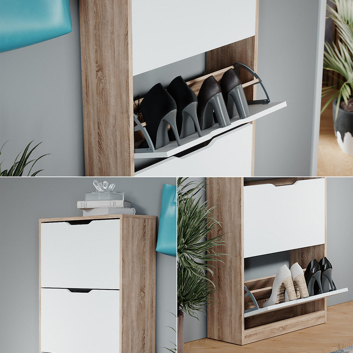 SCHUHKIPPER Luca Sonoma/Weiß 59 x 137 cm mit 4 Klappschubladen - Weiß/Sonoma Eiche, Holzwerkstoff (59/137/22cm) - Vicco