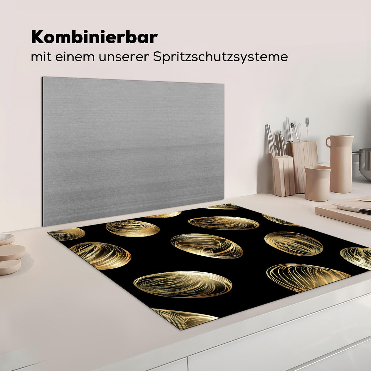 HERDABDECKPLATTE Eier - Gold - Muster Induktionsmatte 78x78 cm - Schwarz, Kunststoff (78/78/0.2cm) - MuchoWow