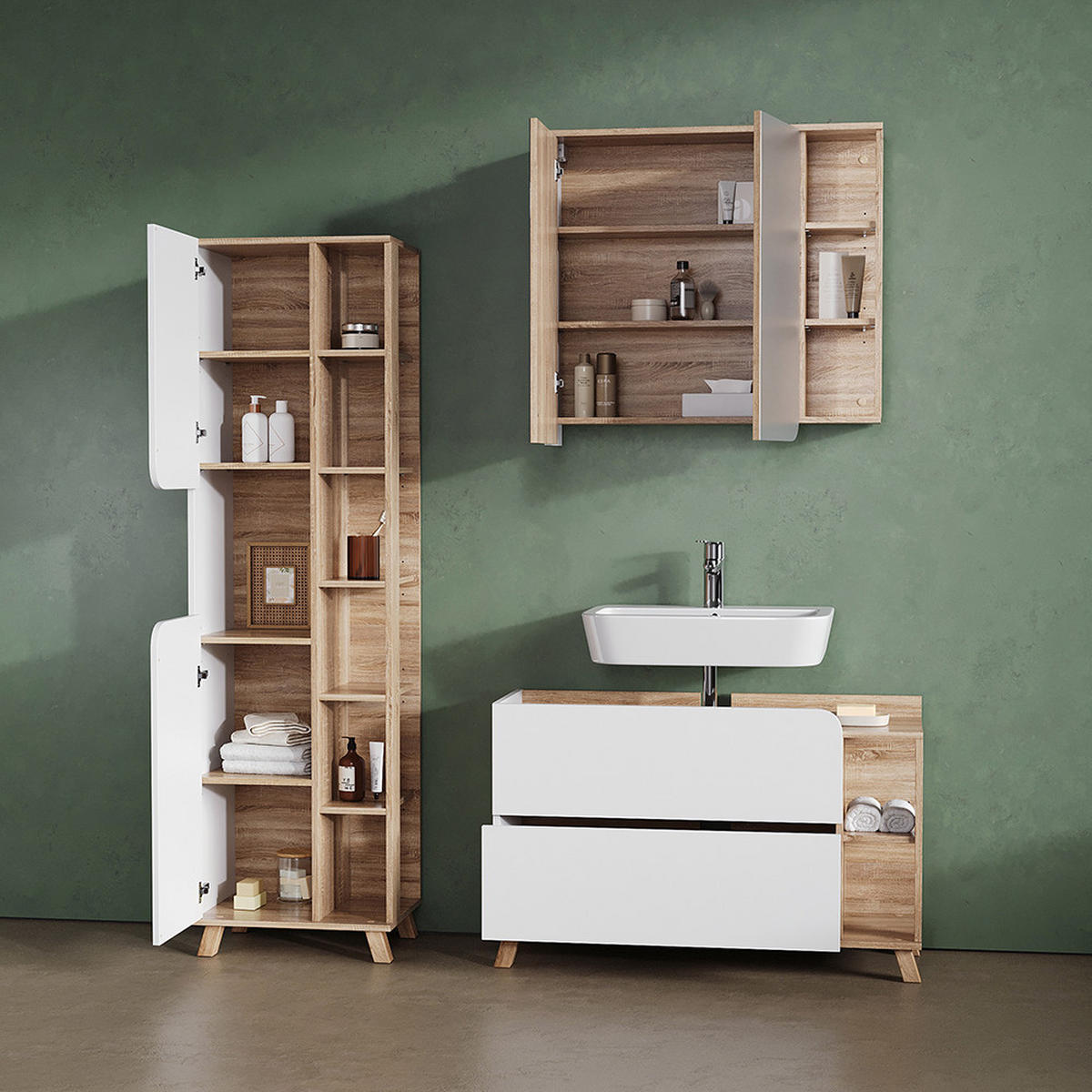 VANITY ENOTA ZA UMIVALNIK Marano, Sonoma/Bela, 100 x 65 cm z 2 predaloma - bela/hrast sonoma, leseni material (100/65/35cm) - Livinity®