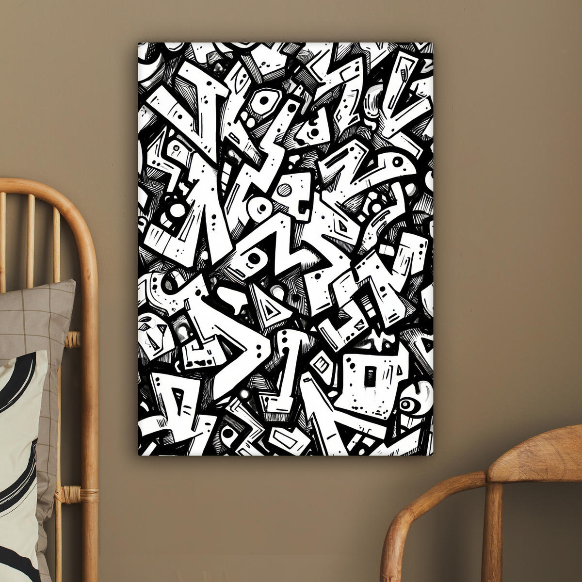 LEINWANDBILD Formen - Buchstaben - Graffiti - Schwarz Wandbild Wohnzimmer 60x80 cm - Schwarz, Textil (60/80cm) - MuchoWow