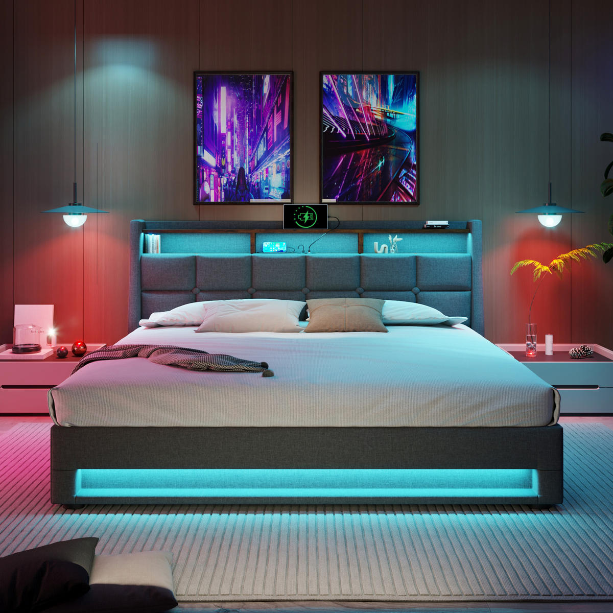 ČALOUNĚNÁ postel 140/200 cm, šedá, látková s LED osvětlením a USB - šedá, textil (140/200cm) - BEAOK