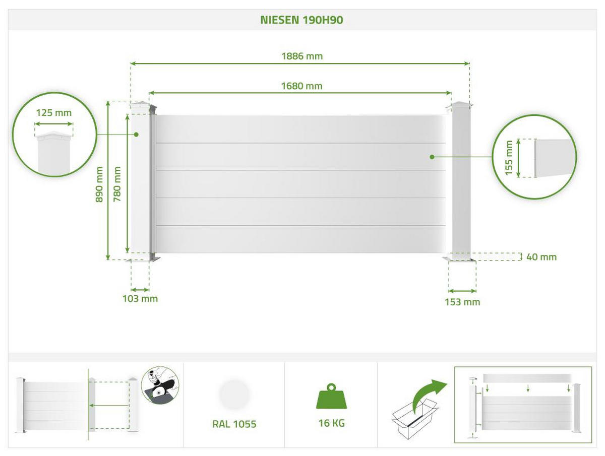 VORGARTENZAUN 2er-Set Niesen weiß 1,9m H.90cm aluminium - Weiß, Metall (378/89cm) - Casanoov