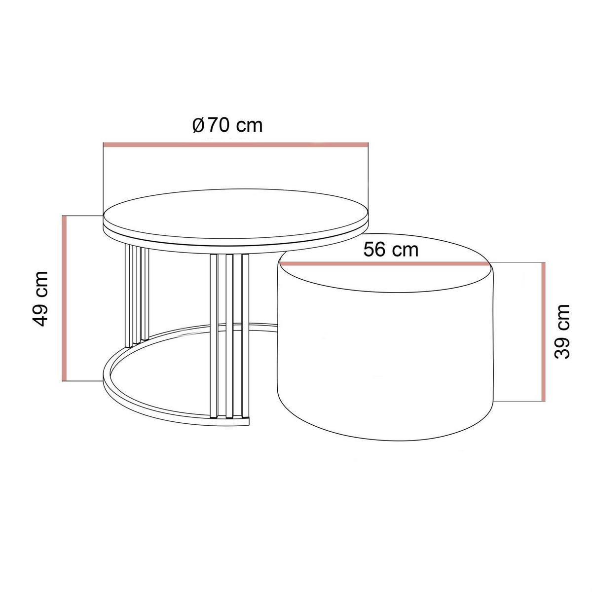 COUCHTISCH mit Hocker LORI Hochglanz gebürstetes Gold/weißer Glanz/Perfect Harmony 82 - Schwarz, Metall (70/70/49cm) - Lookway