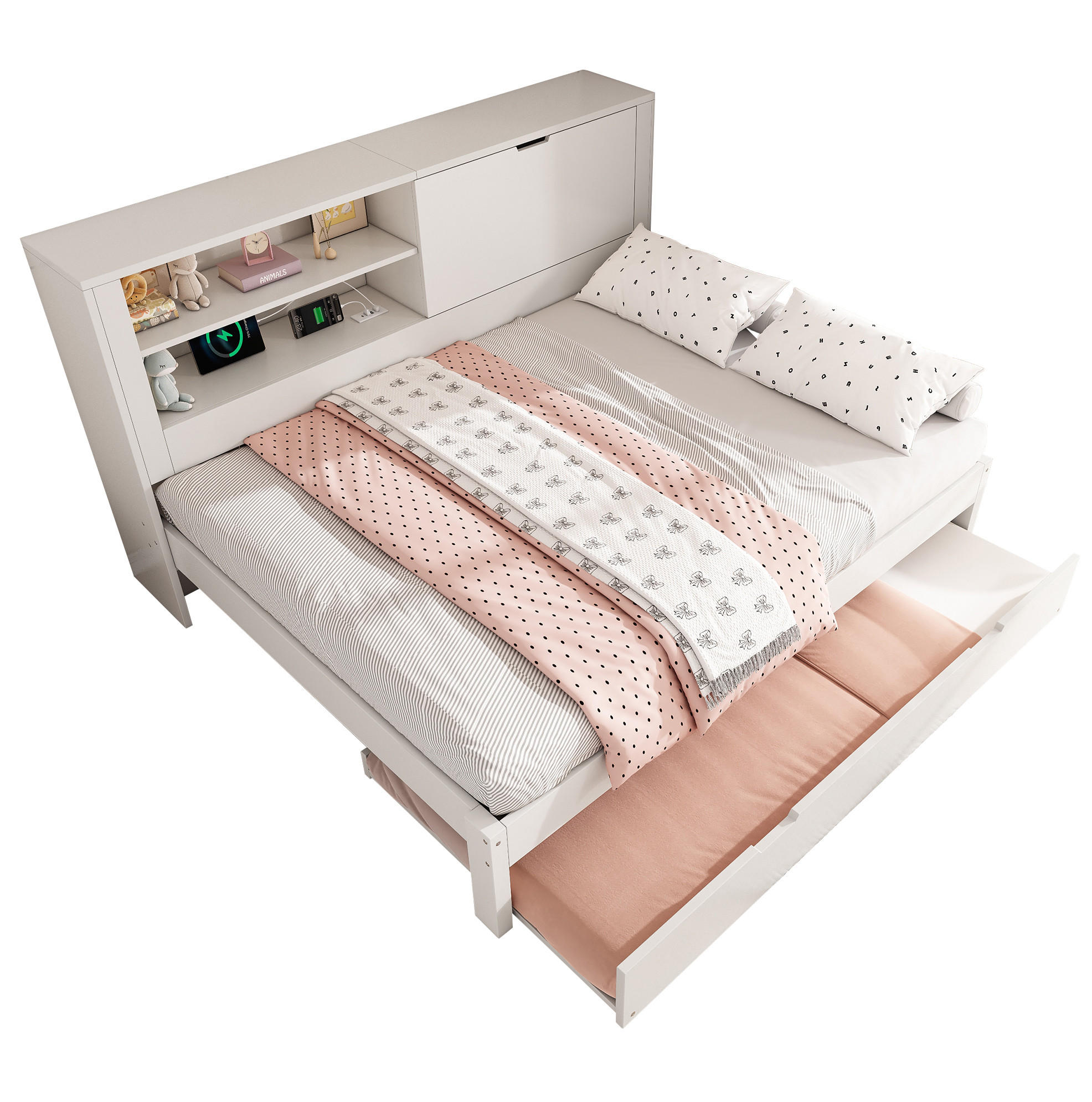 POLSTERBETT 140/190 cm mit Ausziehbett 90/190 cm, USB-Ladestation und Stauraum-Rückwand, Weiß - Weiß, Textil (140/190cm) - Redom