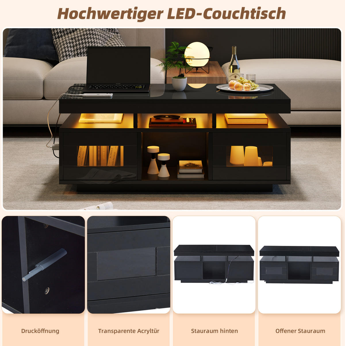 COUCHTISCH aus Spanplatte 100x50x43 cm in Schwarz mit LED & Steckdose - Schwarz, Holzwerkstoff (100/50/43cm) - Modfu