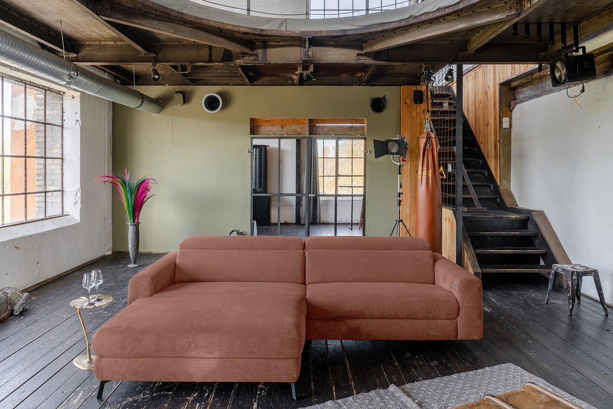 ECKSOFA LAISKA Braun Cord Relaxfunktion - Dunkelbraun/Schwarz, Textil/Metall (282/177cm) - KAWOLA