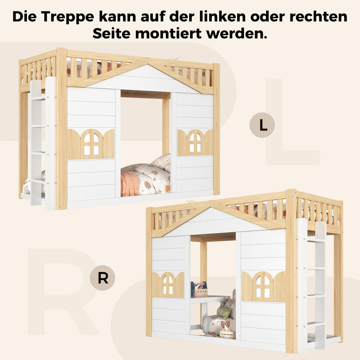 ETAGENBETT Hausbett 90x200cm Holz Kinderbett Weiß Natur - Weiß, Holz - FLIEKS