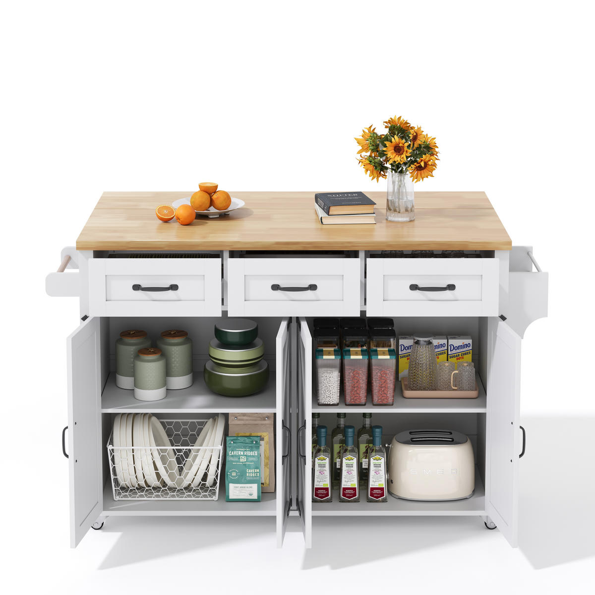 KÜCHENINSEL 140/43/90,5 cm Weiß/Natur aus MDF mit Klappplatte - Weiß, Holzwerkstoff (140/90.5/70cm) - OKWISH