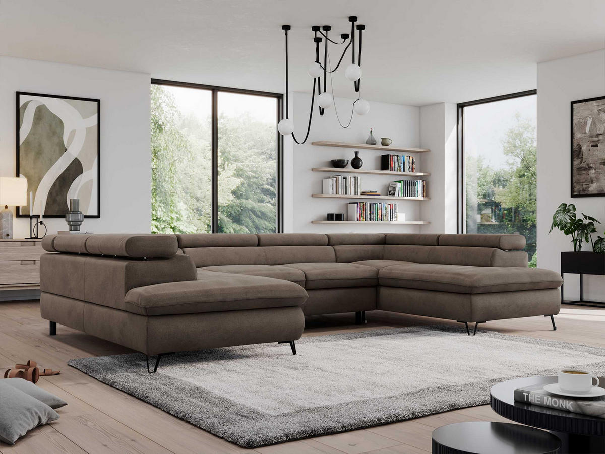 WOHNLANDSCHAFT PEDRO U Velvet Braun - Schwarz/Braun, Textil/Metall (346/76/208cm) - MKS