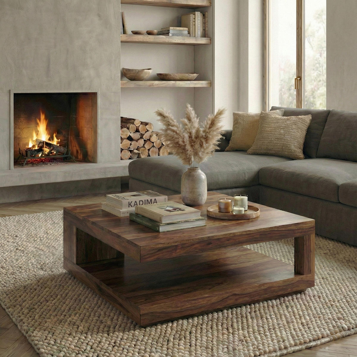 COUCHTISCH Sheesham Massivholz, Quadratisch, Maße 90x90 cm, Einzigartiges Unikat - Braun, Holz (90/90/40cm) - KADIMA DESIGN