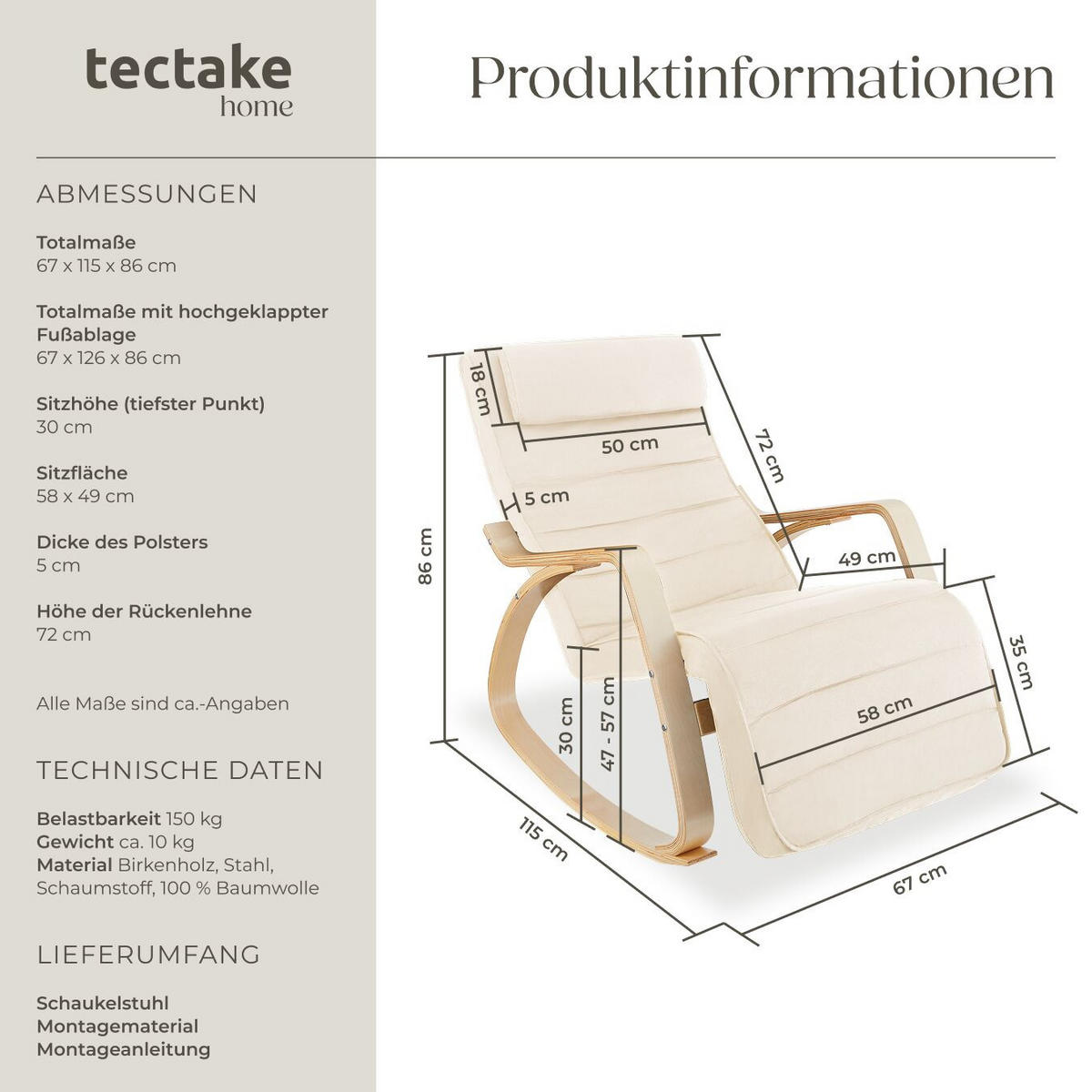 SCHAUKELSTUHL Onda,67 x 115 x 86 cm,beige - Beige, Holz (115/86/67cm) - tectake