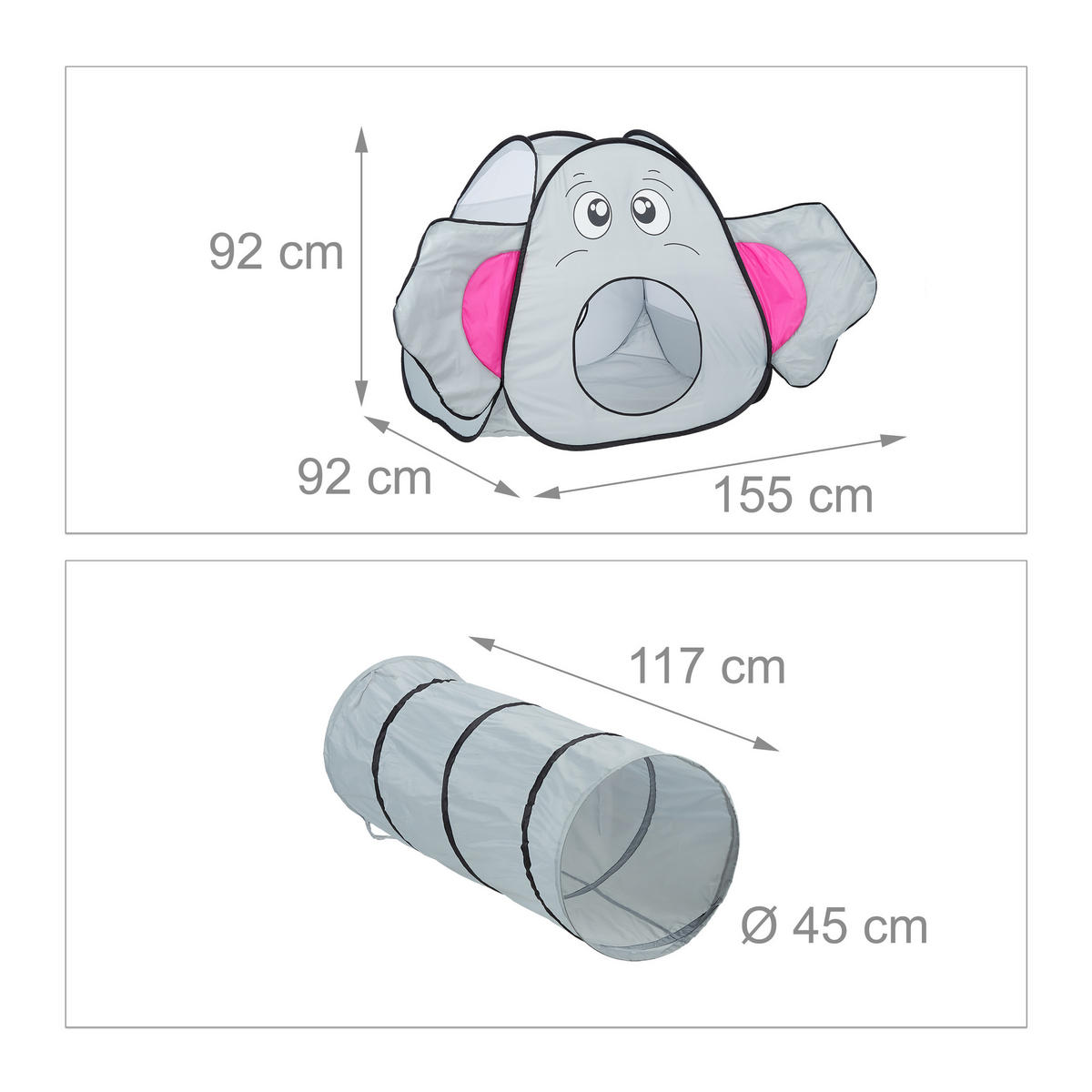 SPIELZELT Grau Pop-Up Elefant - Grau, Textil/Metall (155/200cm) - Relaxdays
