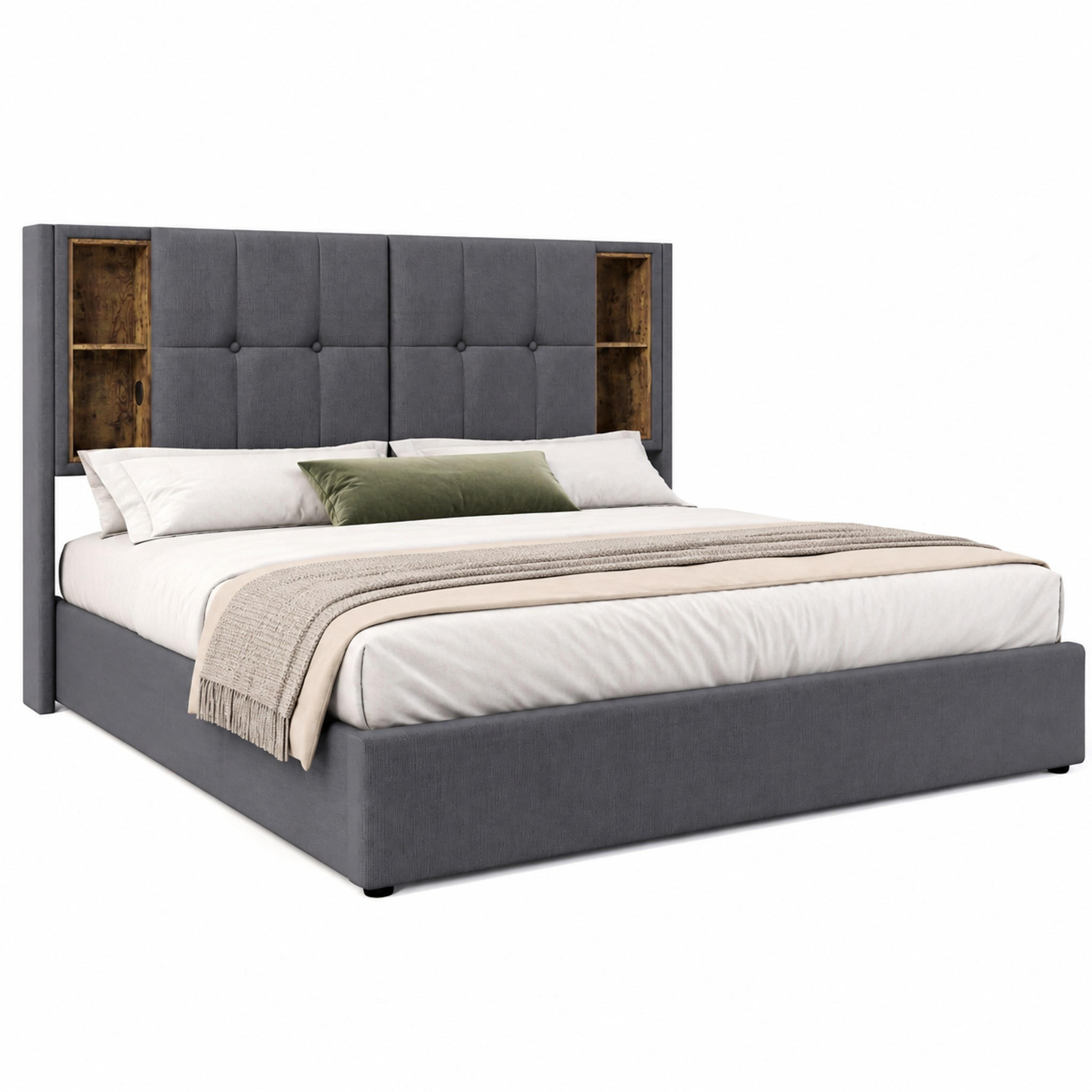 BETT mit Bettkasten & Ladefunktion 180x200 cm Baumwolle Grau - Grau, Metall (180/200cm) - Meubliv