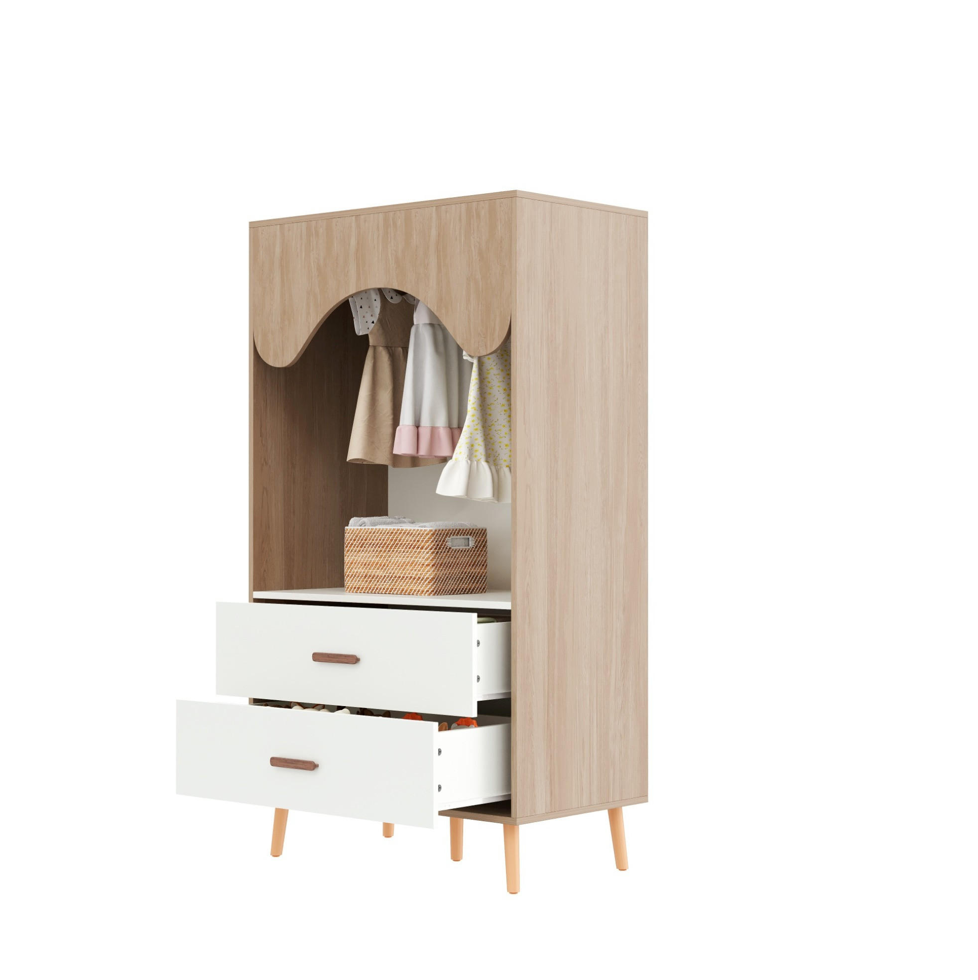 Modfu DĚTSKÁ otevřená šatní skříň z MDF 80x46x141,5 cm bílá/přírodní se zásuvkami, šatní tyčí a 5 nohami