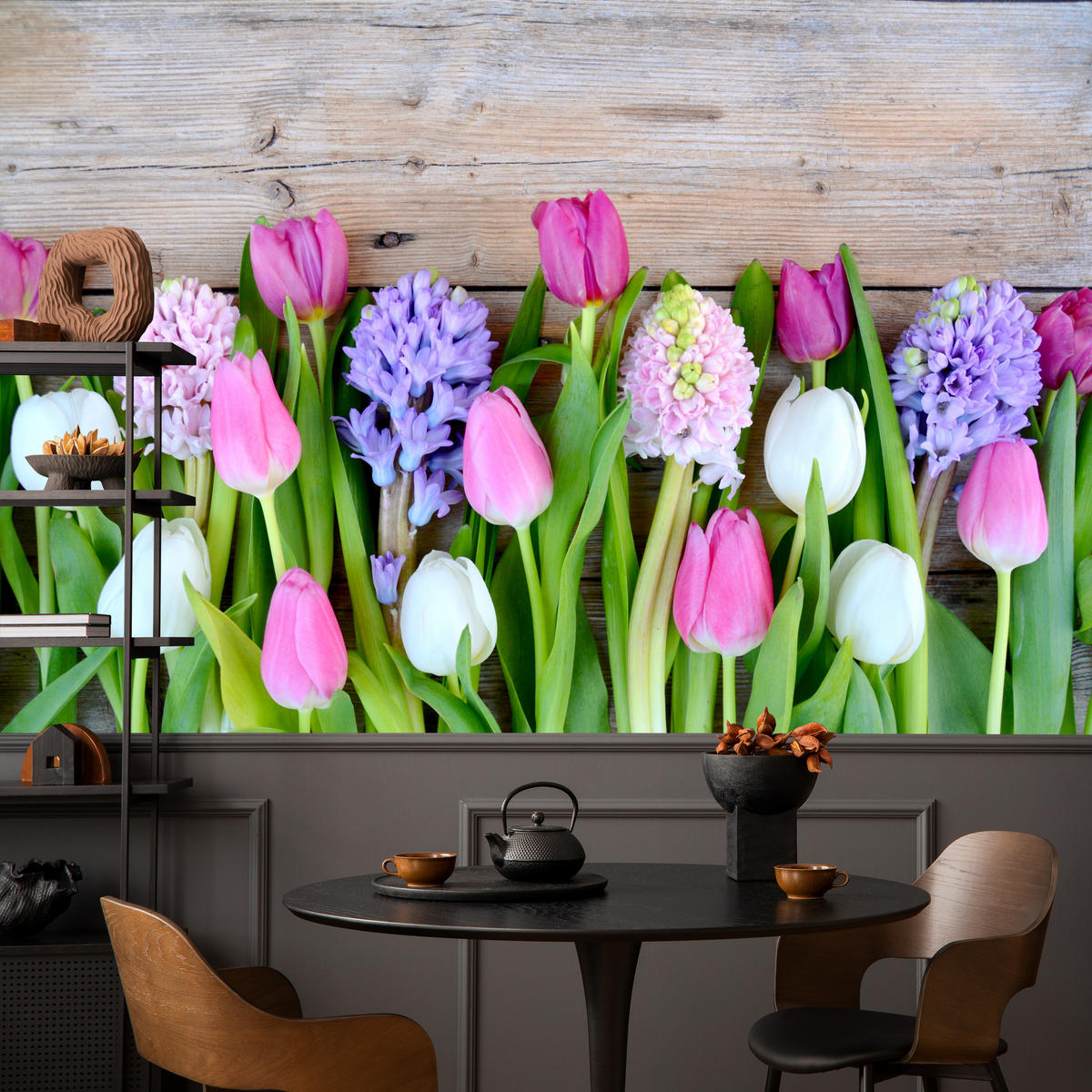 FOTOTAPETE für Küche Rosa Tulpen Violette Hyazinthen Holztisch 250x175 - Ecru/Violett, Papier (250/175cm) - Muralo