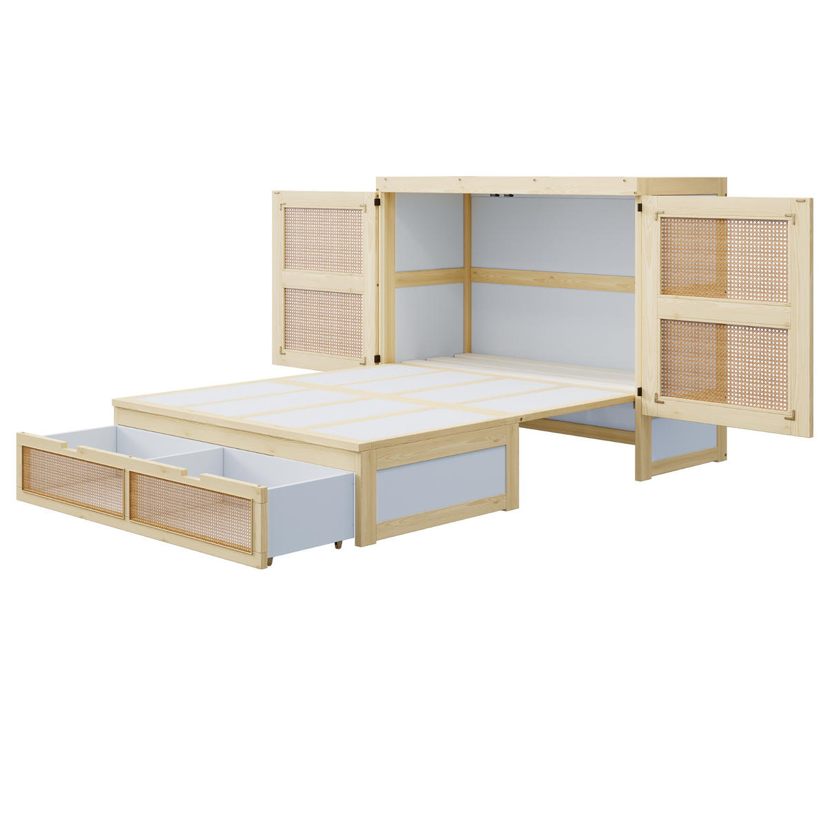 SCHRANKBETT aus Holz 140x200 cm Naturfarbe mit Lattenrost, Stauraumschubladen und Rattan-Design - Naturfarben, Holzwerkstoff (140/200cm) - Modfu
