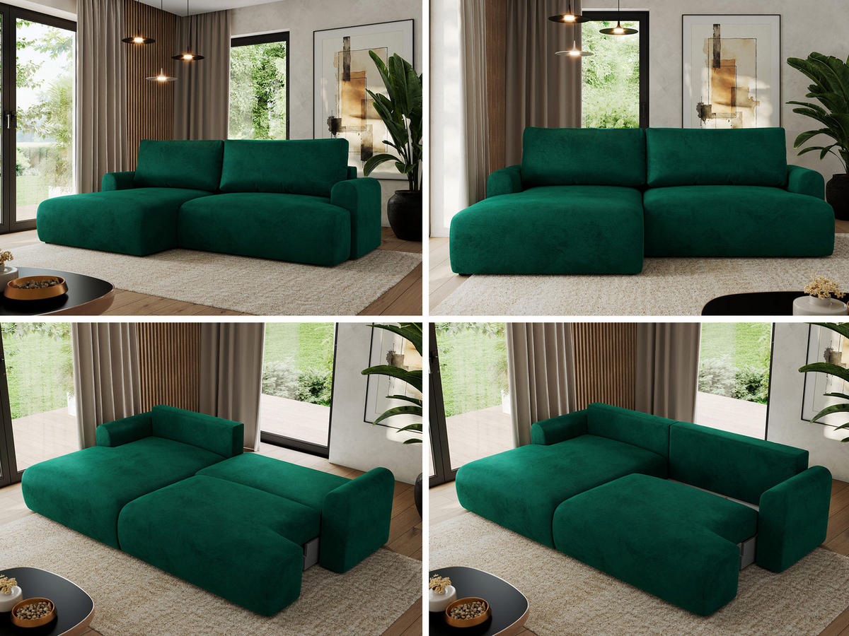 ECKSCHLAFSOFA TONO L Dunkelgrün Velvet - links - Dunkelgrün/Schwarz, Kunststoff/Textil (260/150cm) - MKS