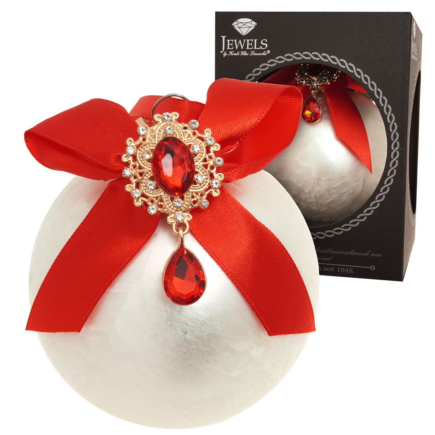 CHRISTBAUMKUGEL Strassstein Schleife Eisdesign Weiß 8cm (Glas / 1 Stk.) - Weiß, Glas (8/8/8cm) - Krebs Glas Lauscha