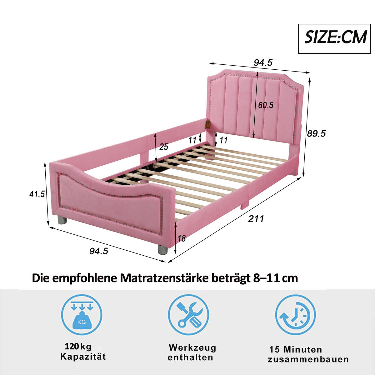 KINDERBETT Polsterbett 90x200 cm Schlafsofa Flanell Bettgestell mit Rückenlehne & Armlehne Rosa - Rosa, Holz - Ej. Life