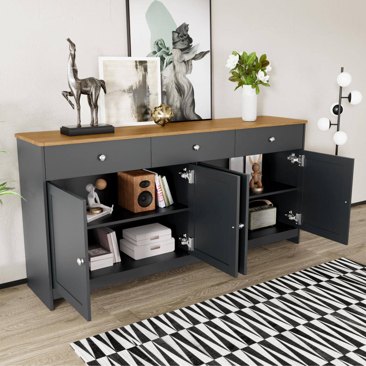 SIDEBOARD mit 3 Schubladen und 4 Türen mit Regalböden Holzfarben 160/75/37 cm - Schwarz/Grau, Holzwerkstoff/Metall (160/75/37cm) - EVRYAE