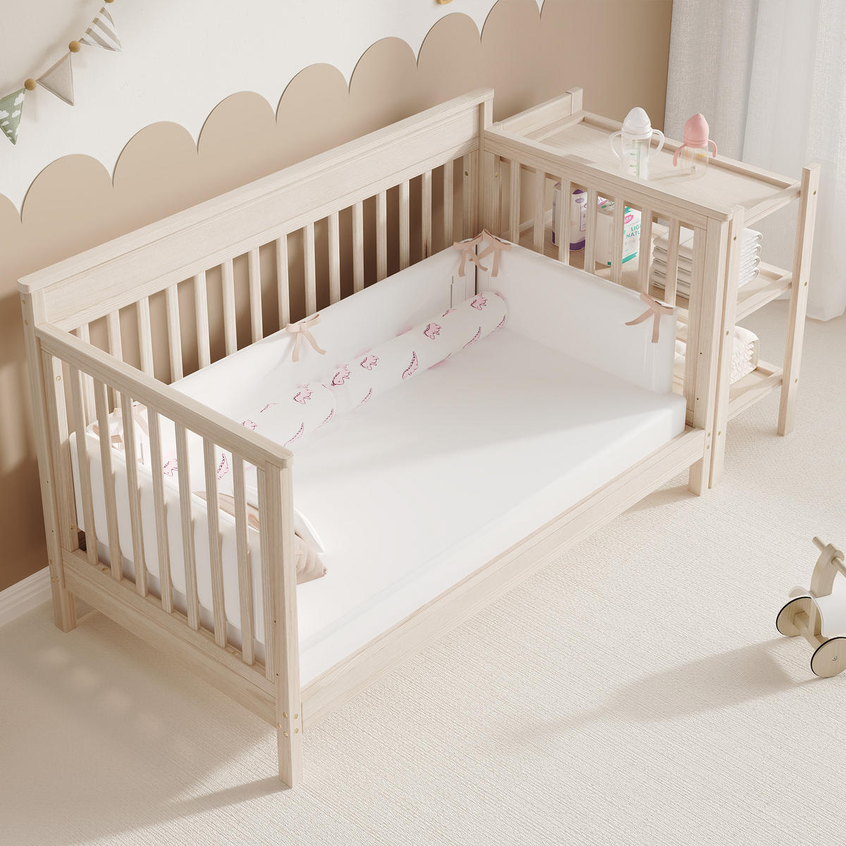 KINDERBETT 140/70 cm in Natur aus Kiefernholz mit Wickeltisch, Regal und Schutzgitter - Naturfarben, Holz/Holzwerkstoff (70/140cm) - WISHDOR