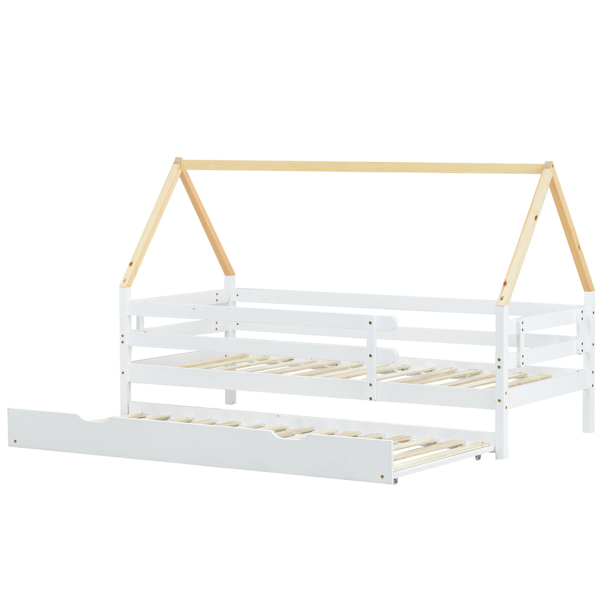 HAUSBETT 90/200 cm & 90/190 cm in Weiß & Natur mit Ausziehbett Massivholz - Weiß/Naturfarben, Holz (90/200cm) - CHICFURN