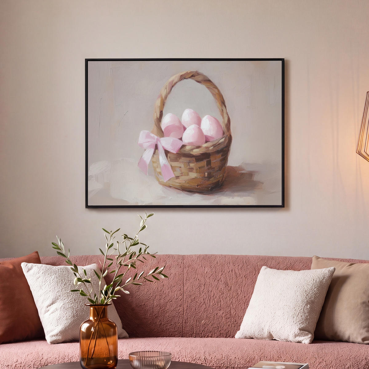 LEINWAND Bilder mit Rahmen - Korb - Eier - Rosa - 80x60 - Beige, Textil (80/60cm) - MuchoWow