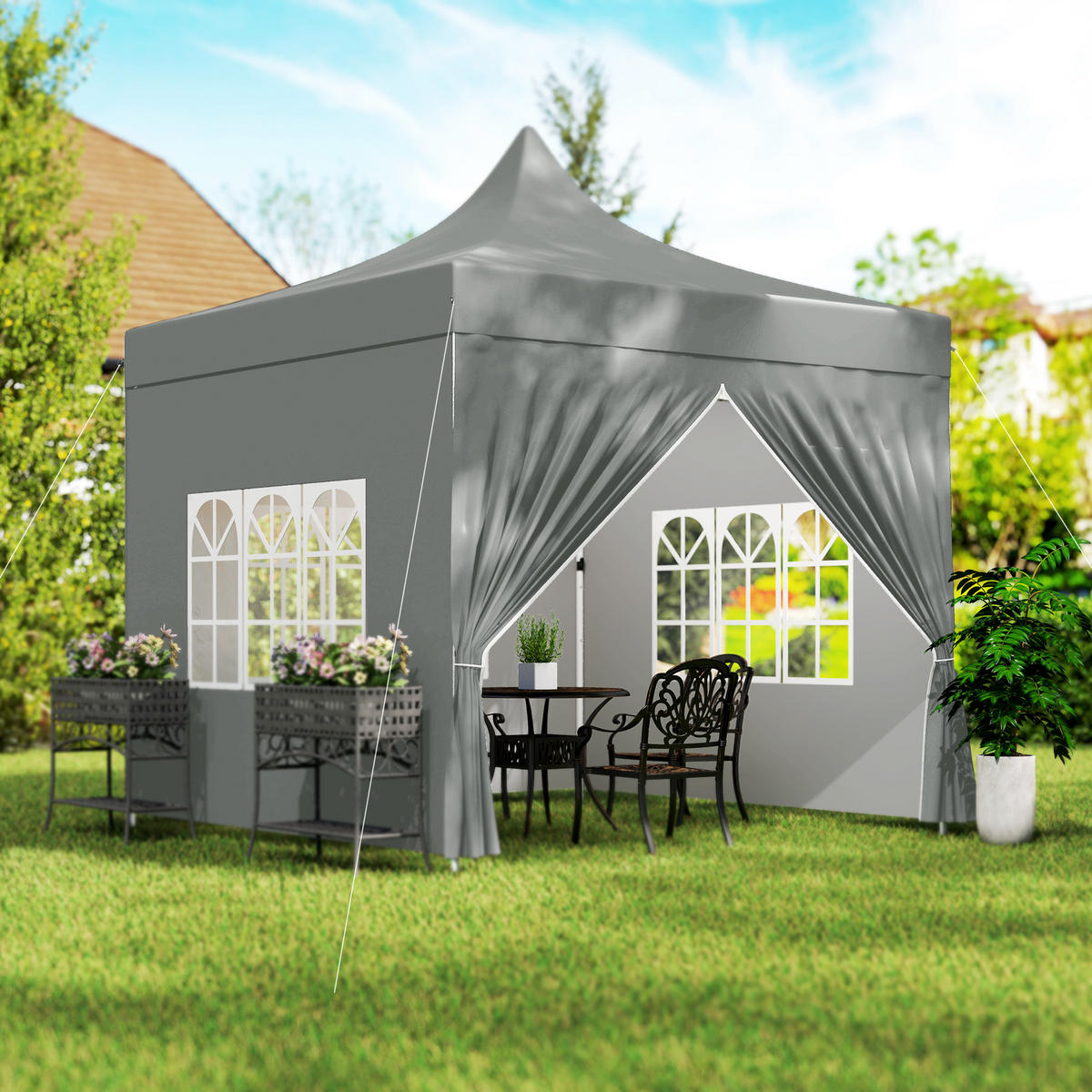 PAVILLON DE-14028 3/3 m, 4 abnehmbare Seitenwände, 3 Fenster, höhenverstellbar Grau - Grau, Textil (290/325/290cm) - ComfortXL