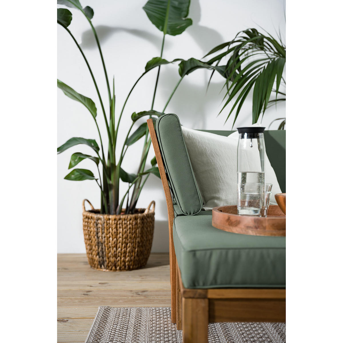 LOUNGEHOCKER - Webstoff / Akazie massiv - Olivgrün, Holz/Textil (60/38/60cm) - home24