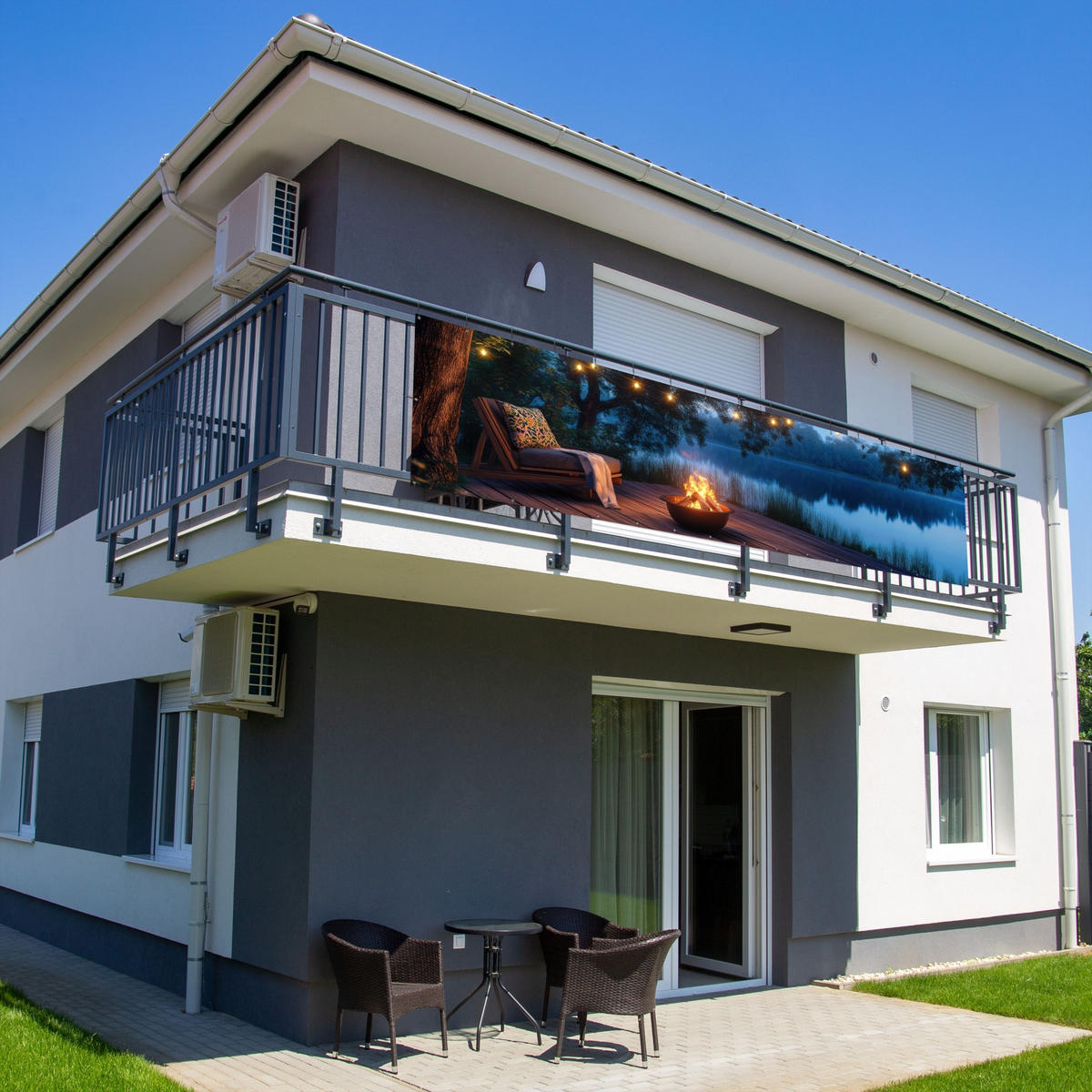 BALKON-SICHTSCHUTZ Lagerfeuer - See - Abendlicht - Dunkelblau, Kunststoff (500/130cm) - MuchoWow