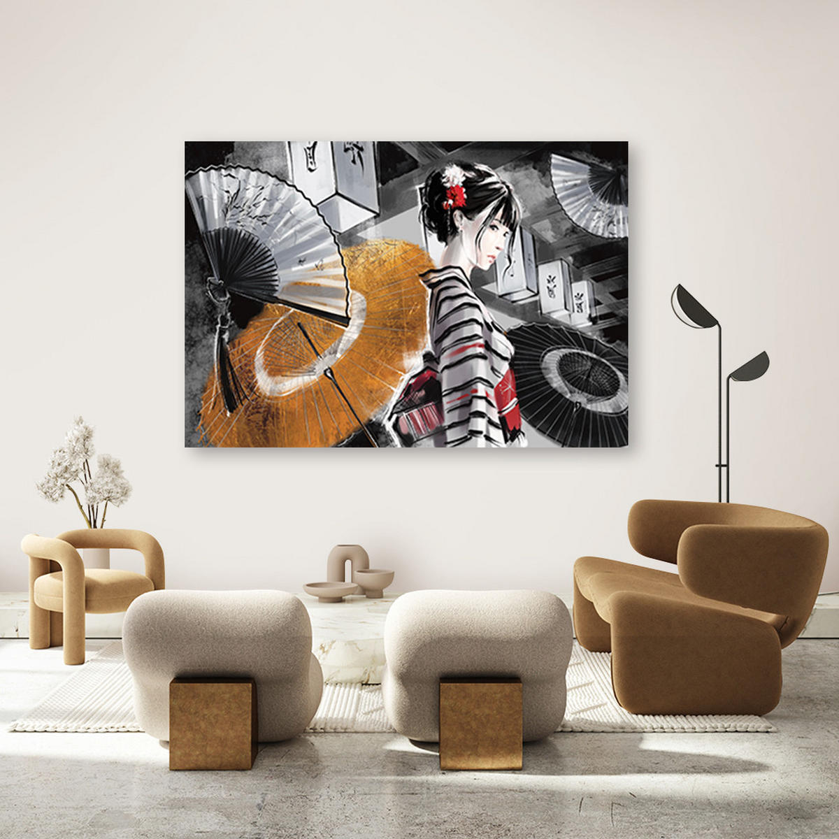 WANDBILD geisha mit einem fan - Schwarz, Textil (60/40cm) - Feeby