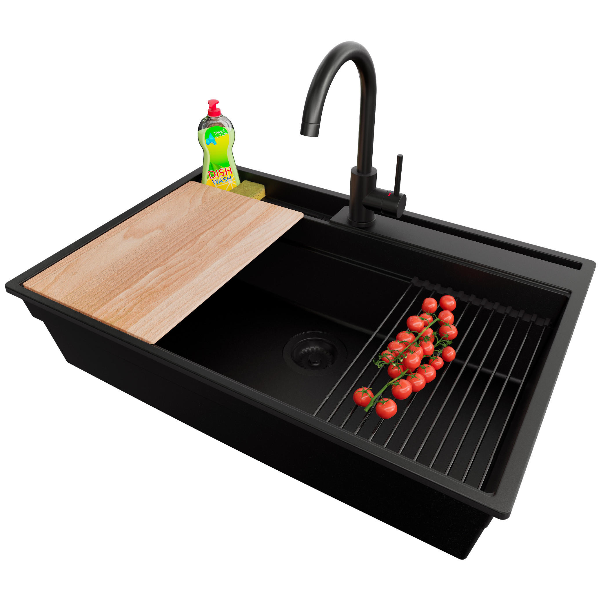 GRANITSPÜLE Oslo Pocket, 2-er set Alles Schwarz 78/53 cm 1 Becken + Küchenarmatur 32/20 cm + Ablauf-Set + Küchenzubehörset ab 80er Unterschrank - Beige/Schwarz, Kunststoff (78/20/53cm) - Primagran