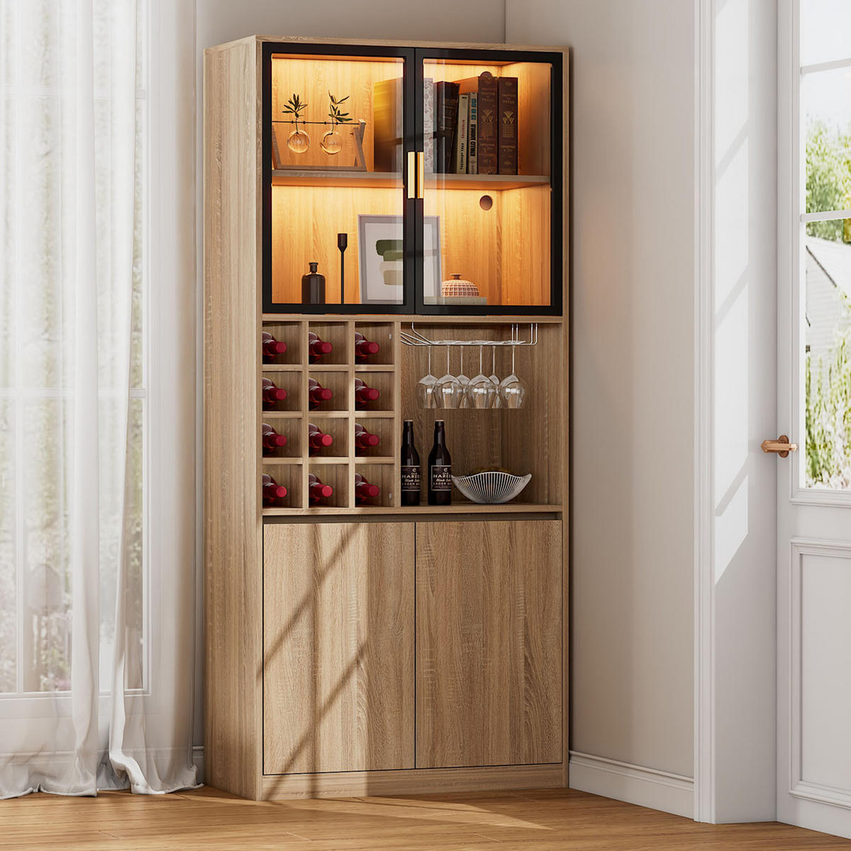 VITRINE mit Weinregal und LED - Hellbraun, Glas/Holzwerkstoff (40/180/80cm) - Urban Meuble