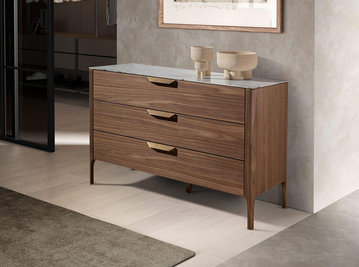 KOMMODE Kommode aus Nussbaumholz mit Glasplatte aus Marmorimitat 120/45/80 cm - Edelstahlfarben/Walnussfarben, Holz/Stein (120/80/45cm) - ANGEL CERDA