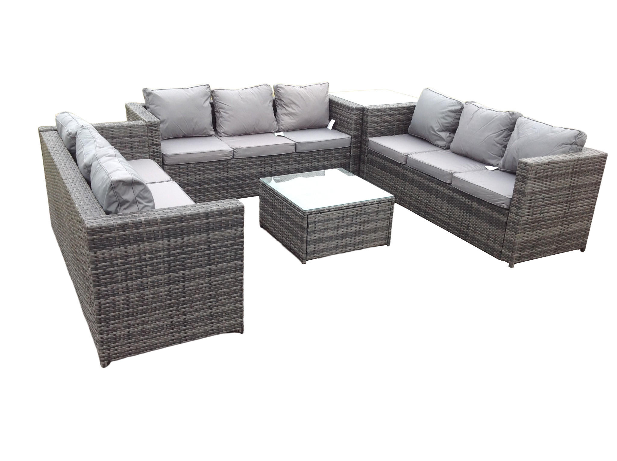GARTENMÖBELSET mit Couchtisch Polyrattan 9-Sitzer - Dunkelgrau/Grau, Glas/Kunststoff - Fimous