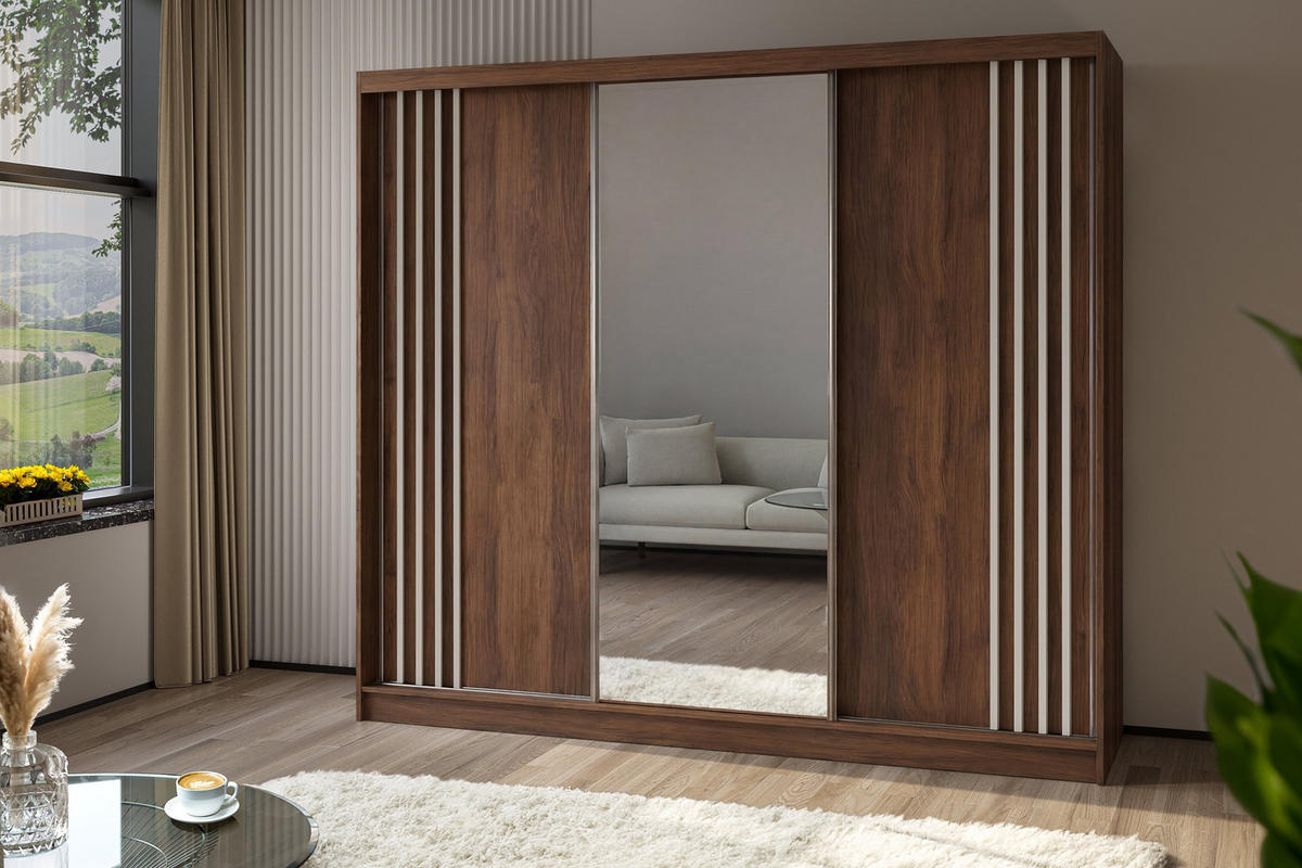 SCHWEBETÜRENSCHRANK NELVIA 240/216/61 cm Modern Kleiderschrank 3-türig mit Spiegel Nussbaumfarben - Nussbaumfarben, Holzwerkstoff (240/216/61cm) - MASSENO