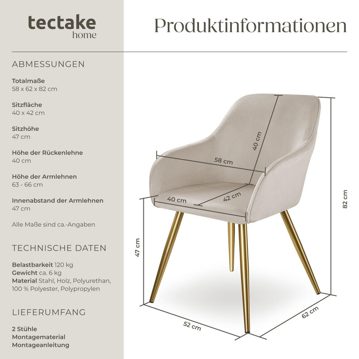 ESSZIMMERSTUHL Marilyn,58 x 62 x 82 cm,taupe/gold - Taupe/Goldfarben, Textil (58/82/62cm) - tectake