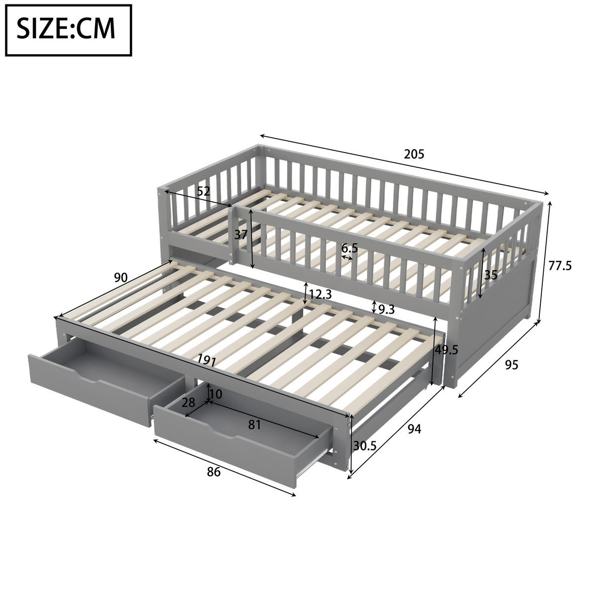 SCHLAFSOFA aus Kiefernholz 90x200 cm Grau mit Ausziehbett, 2 Schubladen und Sicherheitsgitter - Grau, Holz (90/200cm) - IVMEU