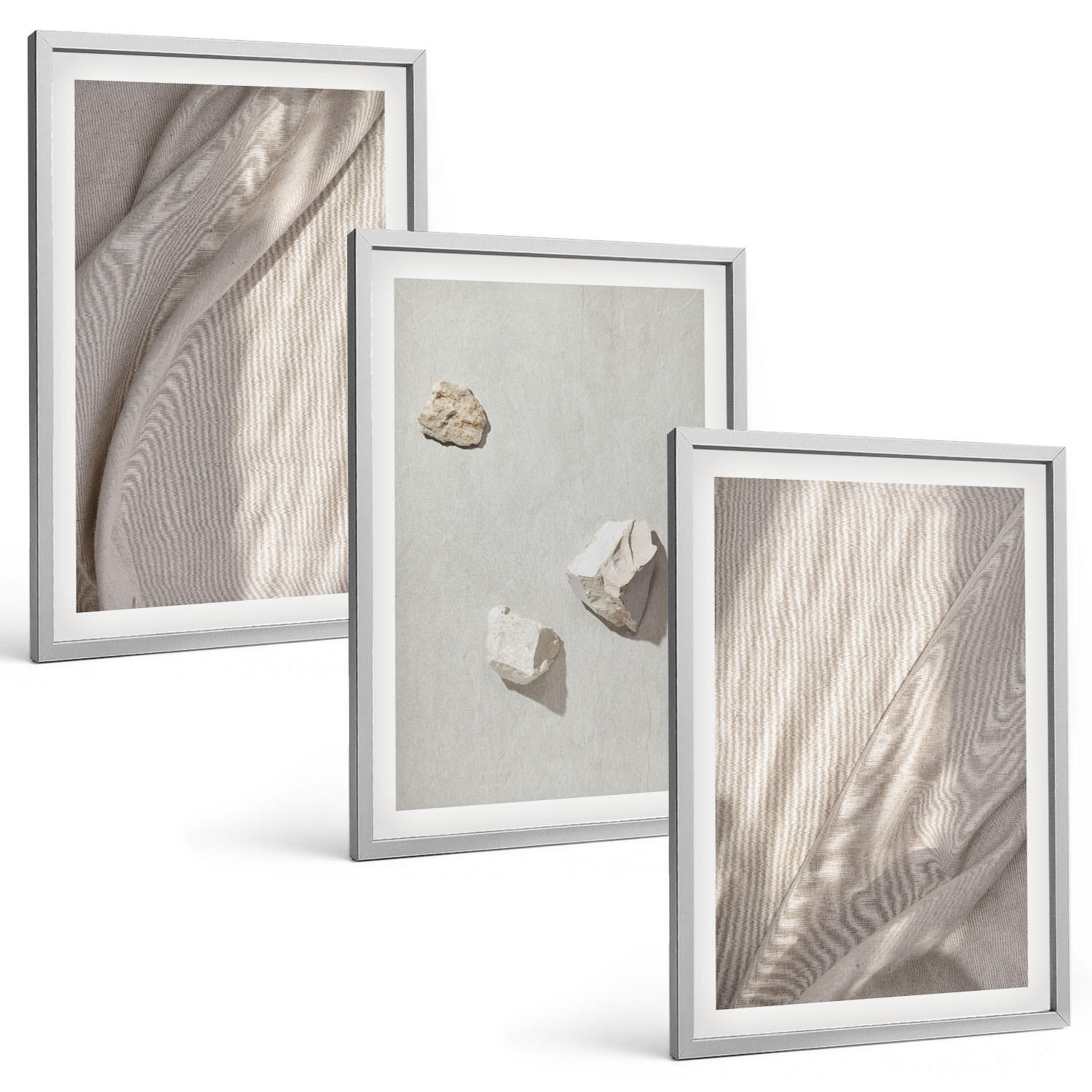 BILDER SET 3er Set - 40x60 cm Silberner Rahmen - Nahaufnahmen der Struktur im Boho-Stil - Silberfarben, Kunststoff (40/60cm) - TULUP
